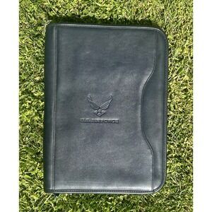 US Air Force Black Leather Padfolio Document Zip‎ Around Case 13" X 9"